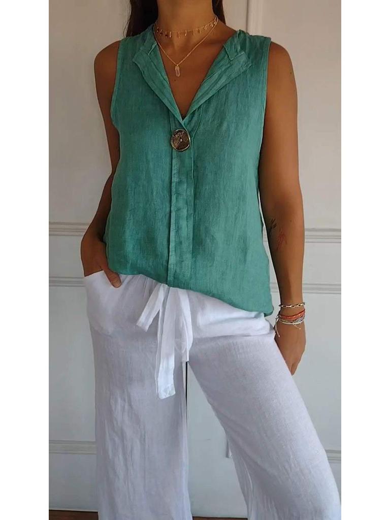 2026 New Women's Cotton Linen Sleeveless Casual Top with Faux Cardigan Collar