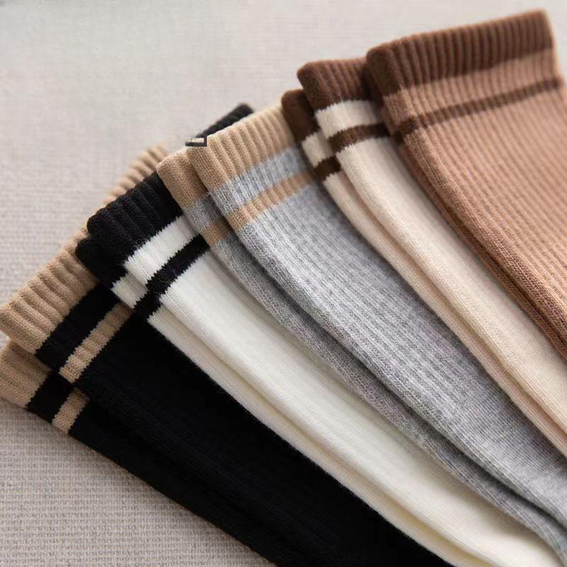 5 Pairs of Socks, Women's Mid-calf Socks, Sports Socks, Striped Two-bar College Cotton Socks, Casual and Breathable