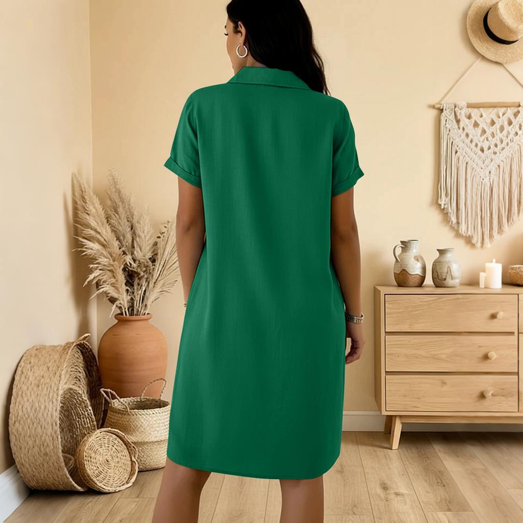 Womens Short Sleeve Button Down Shirt Dress with Collar and Pocket Relaxed Fit Casual Tunic Knee Length Summer Dress