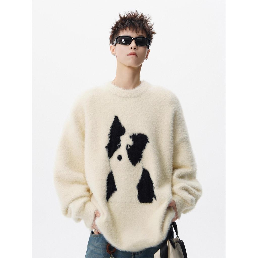 American cartoon puppy pullover sweater men's winter mohair crew neck knitted sweater lazy casual couple inside