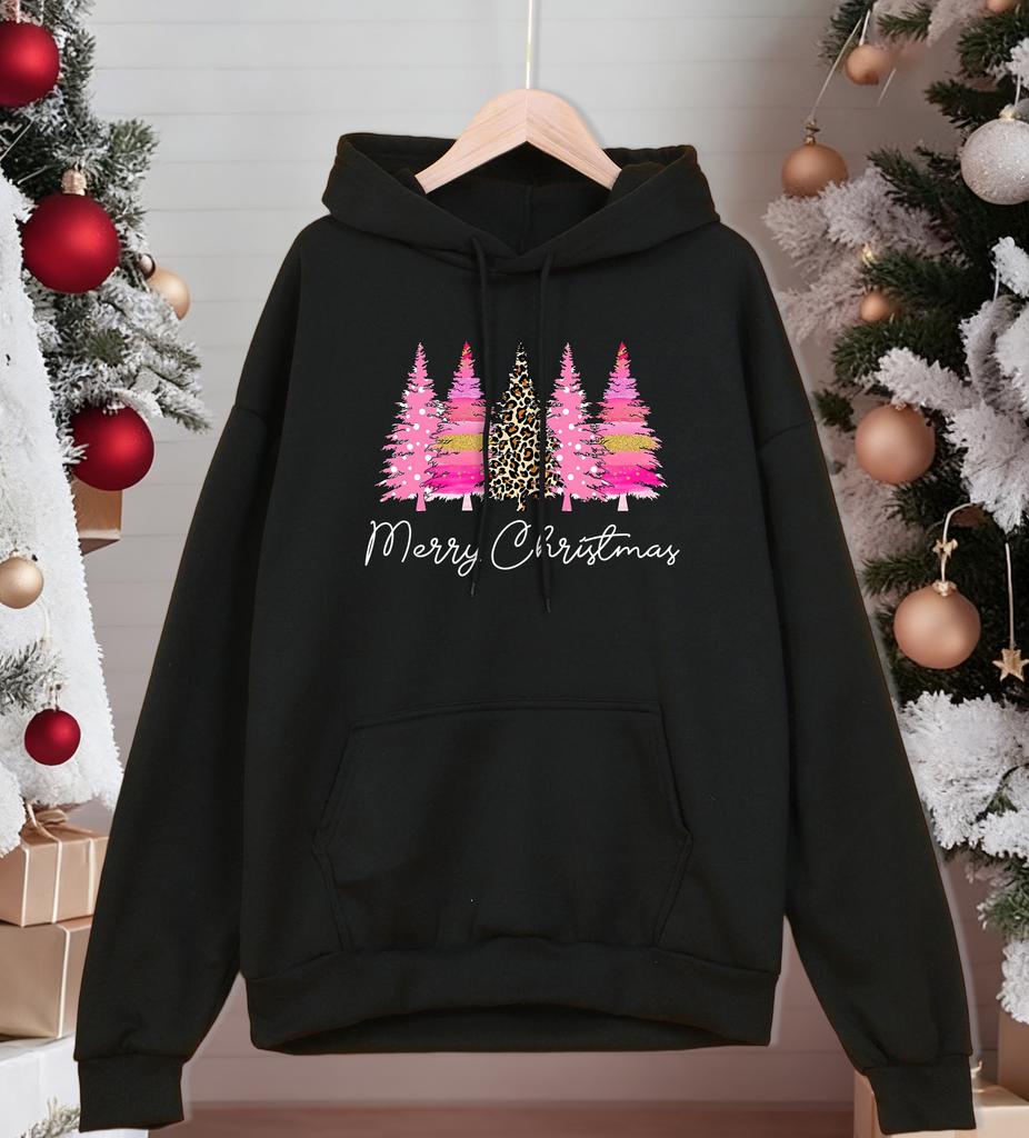 Merry Christmas Pink Trees Pattern Hoodies Male Hip Hop Oversized Hoody Fashion Fleece Clothes Pocket Multicolor Pullovers