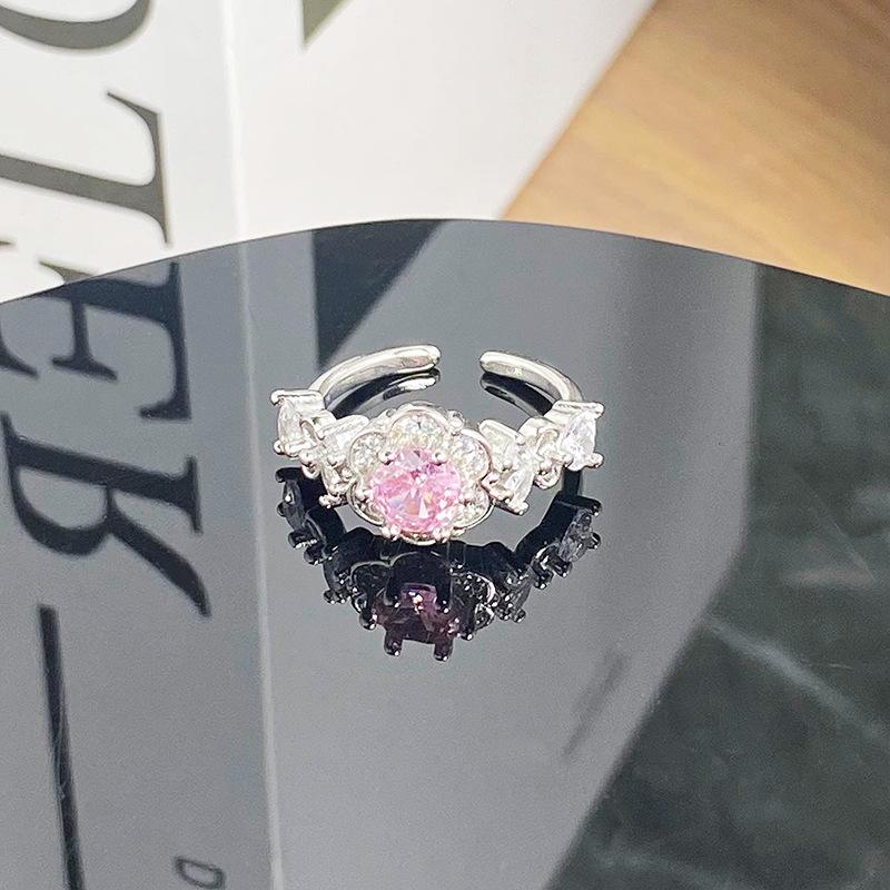 Sweet Pink Zircon Super Fairy Open Ring Bow Exquisite Niche Light Luxury High-End Ring Woman