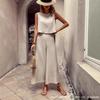 European and American Cross-border Women's Clothing Elegant Women's Clothing Cotton and Linen Sleeveless Loose Top Wide-leg Pants Set, Summer New Eleg