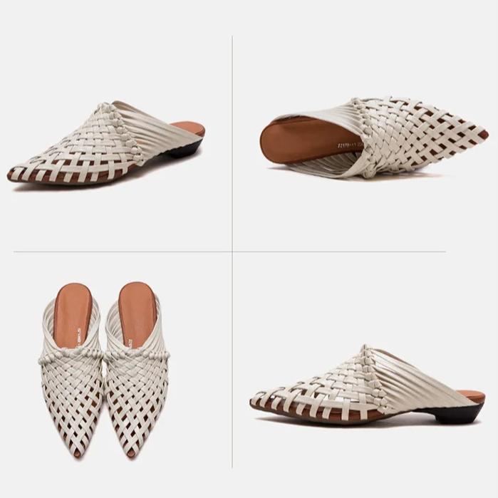 Johnature Ručně vyráběné tkaní Pantofle se špičatou špičkou na nízkém podpatku Prodyšná móda Dámská obuv z pravé kůže