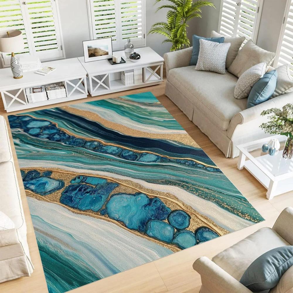 3D Blue Geode Print Green White Waves Floor Mat Carpets for Dining Room Washable Non Slip Rug Bedroom Living Room Floor Decor