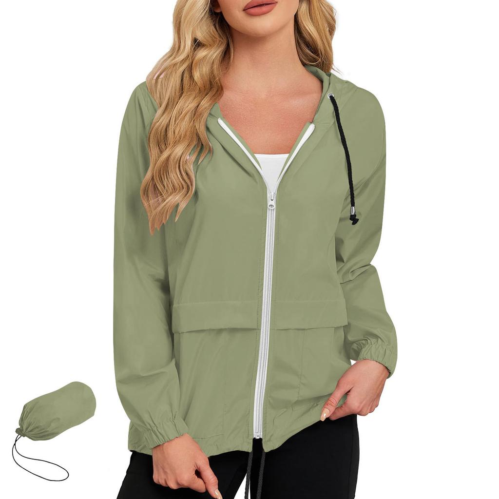 Womens Lightweight Waterproof Windproof Outdoor Jacket Full Zip Hooded Raincoat Casual Shell Coat with Adjustable Drawstrings