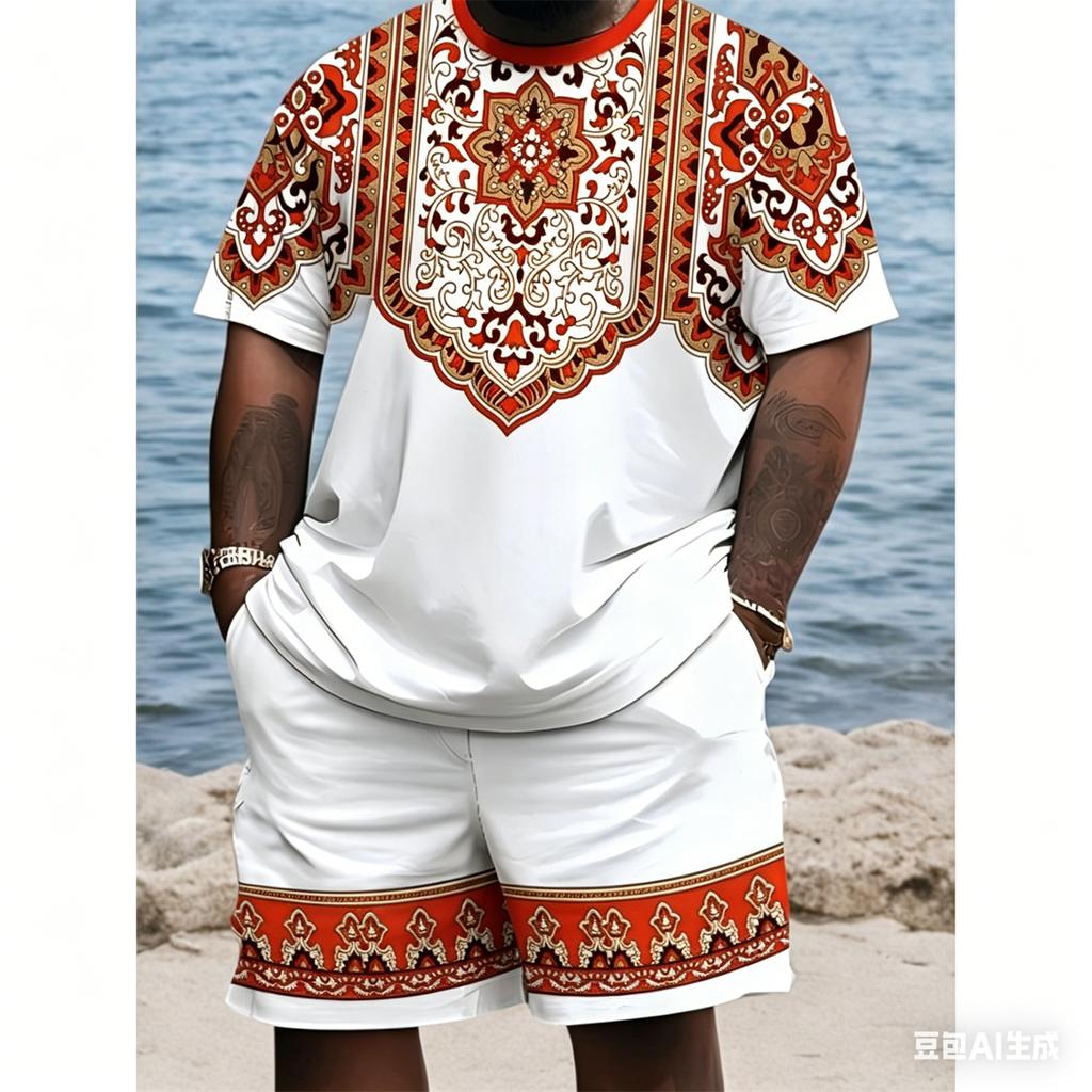 Men's Plus Size 3D Digital Print Short Sleeve Shorts Set, Ethnic Style, PLUS SIZE