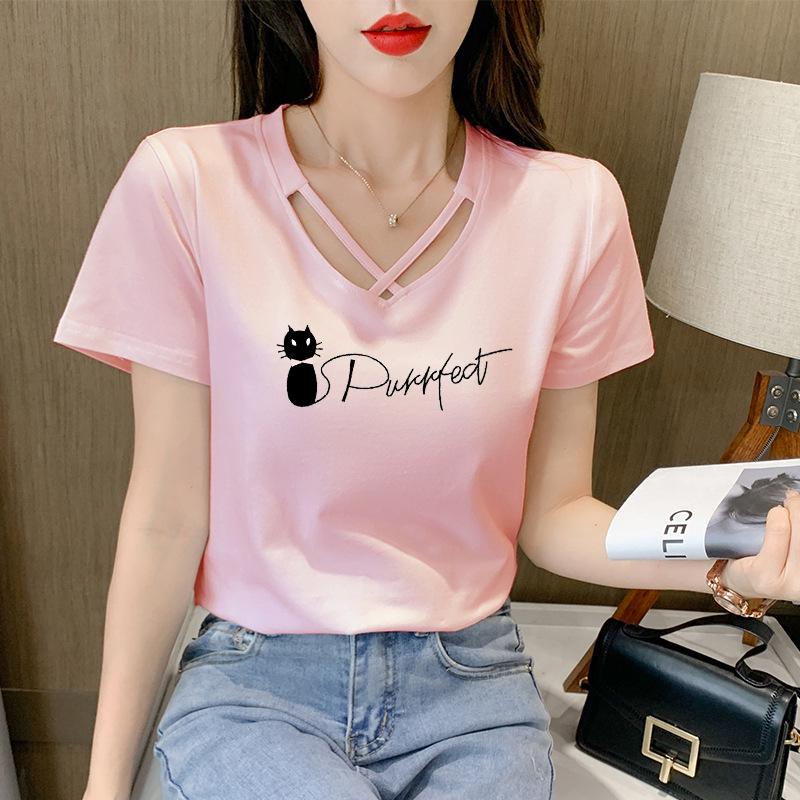 2025 Women's Korean Style V-Neck Short-Sleeve Solid Color T-Shirt