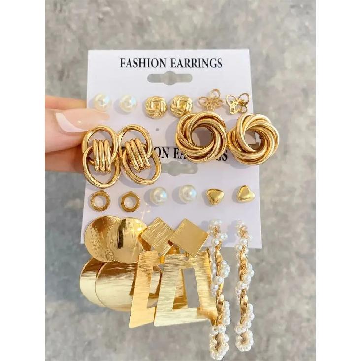 

Vintage 2Sets/Pack Gold Color Metal Twist Pearl Hoop Earrings for Women Girls Geometric Knot Heart Dangle Earring Set Jewelry fb004
