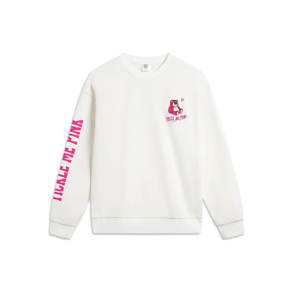 Li Ning Disney Collaboration Strawberry Bear Series Cartoon Print Fleece Antibacterial Loose Pullover Sweatshirt Unisex Sweatshirt Off-White AWDTE49-2