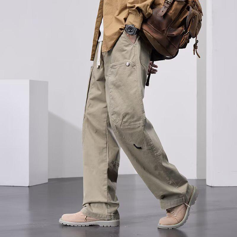 Pánske trendy americké retro cargo nohavice - Ťažké, Veľké vrecká, High Street štýl, Voľný strih, Rovné široké nohavice, Ležérne dlhé nohavice.