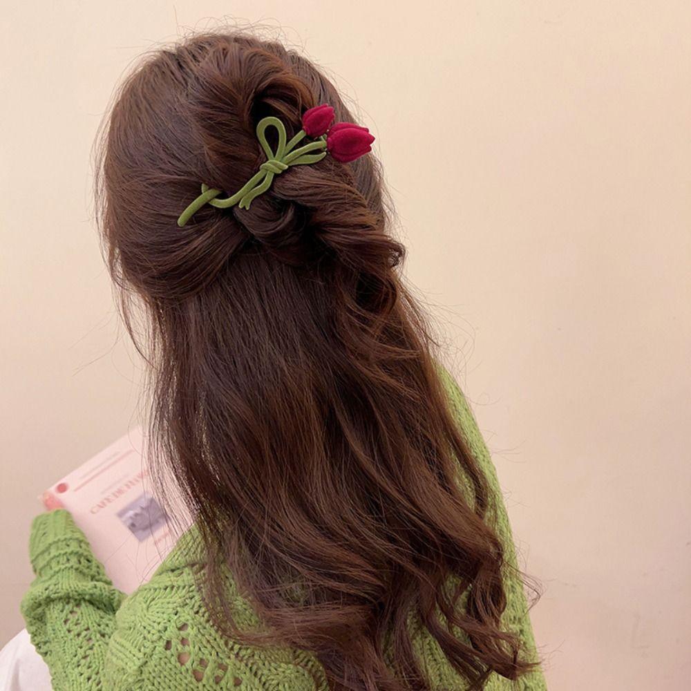 Pearl Korean Style Headwear Red Velvet Hair Claw Flocking Tulip Hair Clip Female Hair Accessories