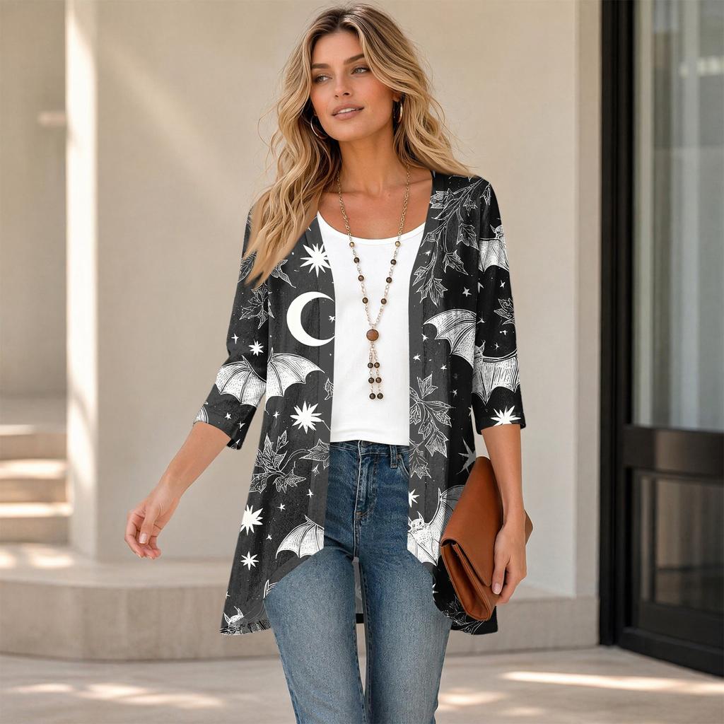 Women's Halloween Print 3/4 Sleeve Lightweight Loose Fit Cardigan for Casual Wear