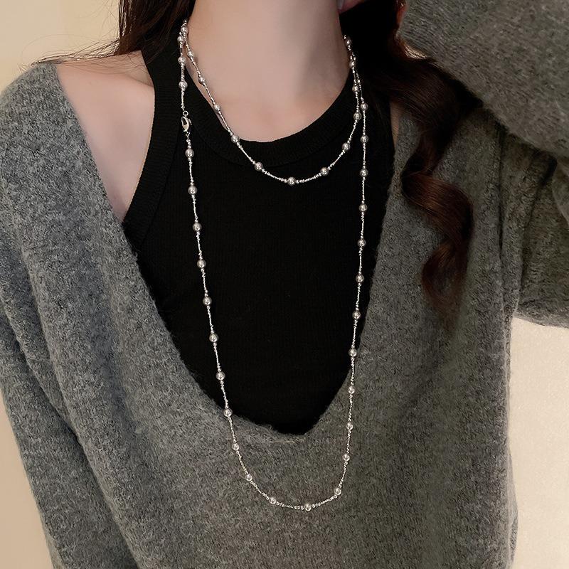French Geometric Round Pearl Beaded Necklace Fashion Simple Court Style Necklace Light Luxury Premium Sweater Chain Women
