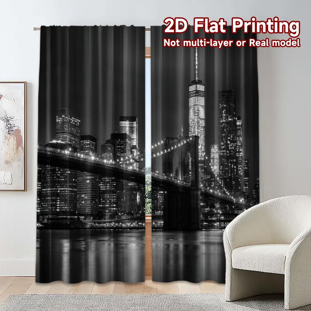 2pcs, 2D FLAT PRINTING Curtains (Without Rod) Cityscape Elegance Popular Print Curtains Semi-Sheer Curtains Outdoor Decorations