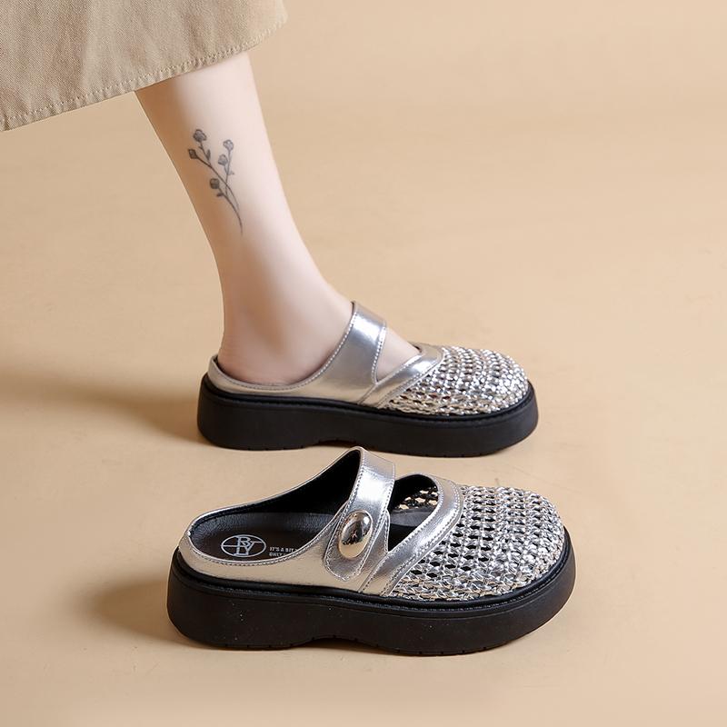 Fashion CRLAYDK Mules for Women Summer Breathable Slip On Shoes Knit Walking Platform House Slippers Ladies Closed Toe Casual Slides