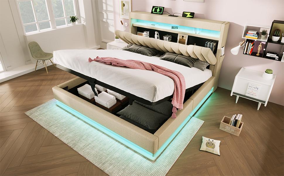 Letto Matrimoniale Imbottito 140x200cm, Testiera con Contenitore, USB, Tipo-C, Illuminazione LED alla Testata e ai Piedi, Contenitore Idraulico, Beige, Lino (Senza materasso)
