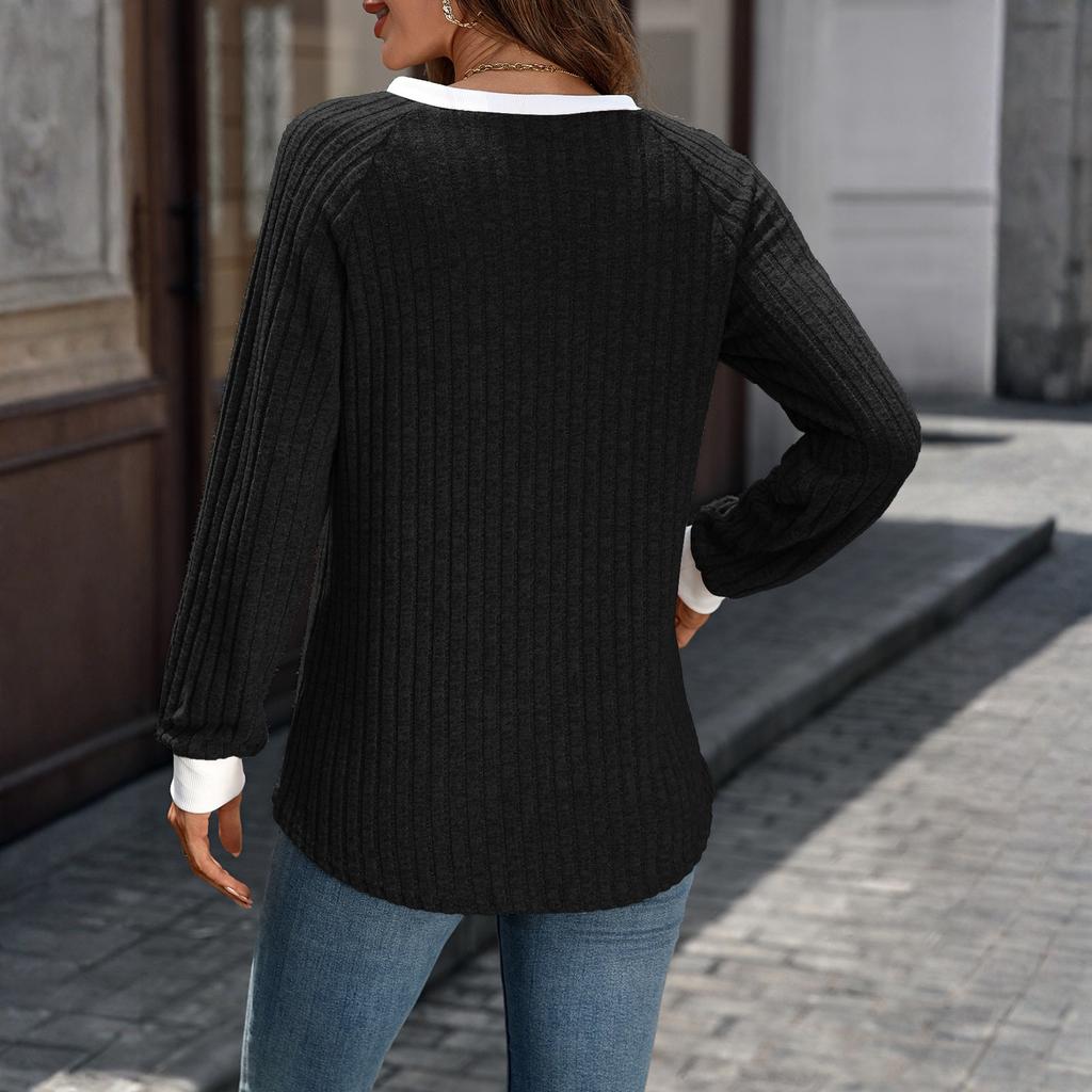 Women's Casual And Fashionable V-neck Contrast Color Long-sleeved Top