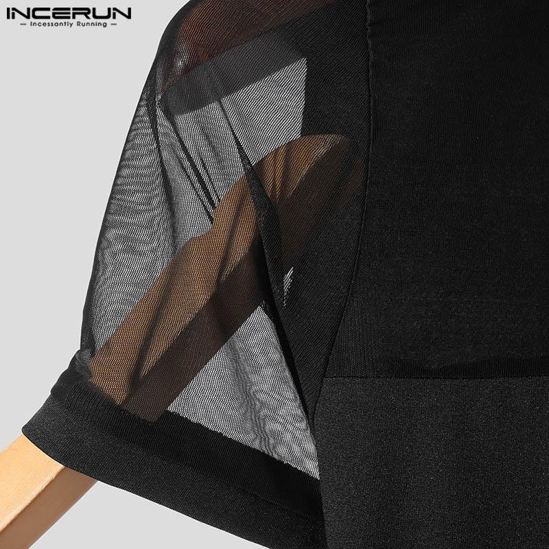 INCERUN Men Short Sleeve Solid Color Patchwork Tops Slim Mesh Sheer T-shirts