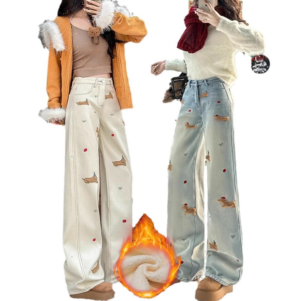 Women's Trendy High-Waist Embroidered Velvet Wide-Leg Jeans for Winter 2025