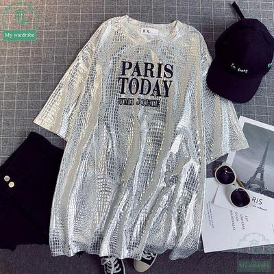 Summer Ladies Shiny T-shirt Retro Street Wear Loose Short Sleeve Oversize Top Women's Club Hip Hop Stylish Bright