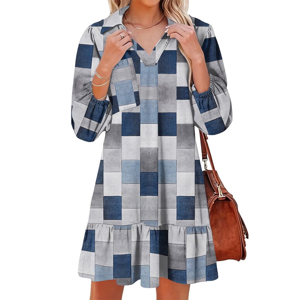 Women's fashionable and elegant long-sleeved V-neck pocket plaid print dress