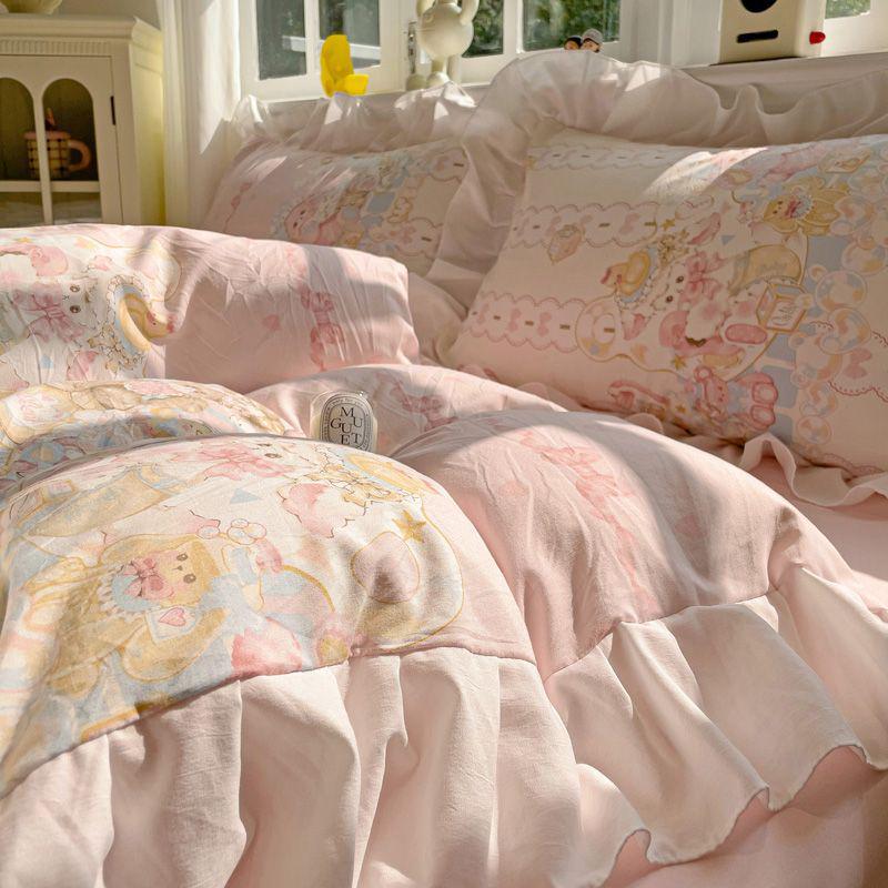 G5Z Princess Mingsha Lolita Lace Washed Cotton Bedding Set - Duvet Cover, Bed Sheet, Cute Girl Dormitory Style (4-Piece)