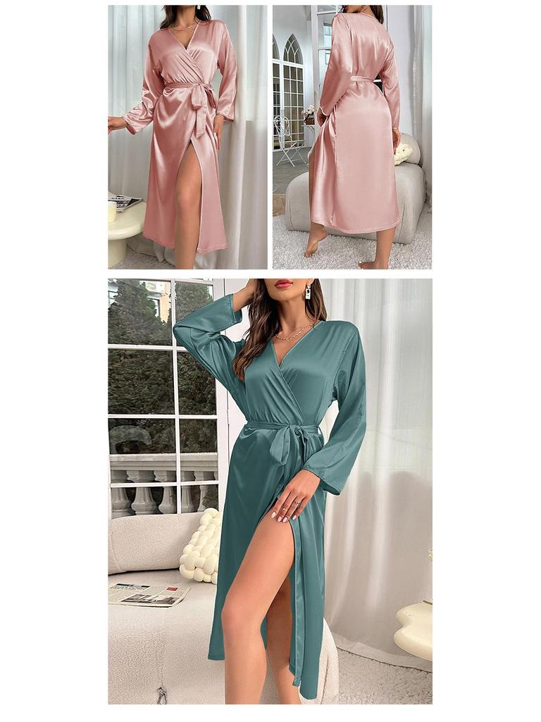 Danny Lin Faux Silk Long Sleeve Nightgown & Tie Bathrobe for Women - Fashionable, Sexy, Casual Homewear