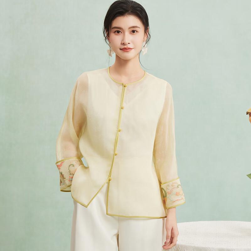 New Chinese Style Mulberry Silk Organza Embroidered Blouse L