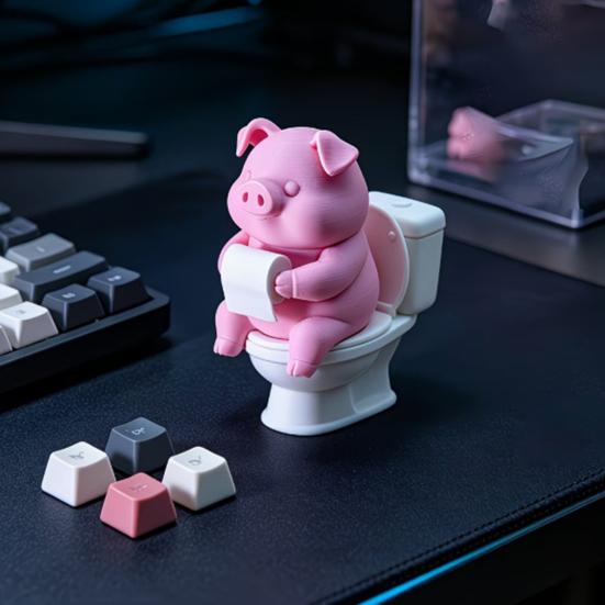 Lichtbeständige 3D-Druck niedliche Schweinefigur auf der Toilette, Lustige Badezimmer-Schreibtisch-Dekoration mit papier Stoßfeste Statue Rolle, Humorvolle Skulptur für