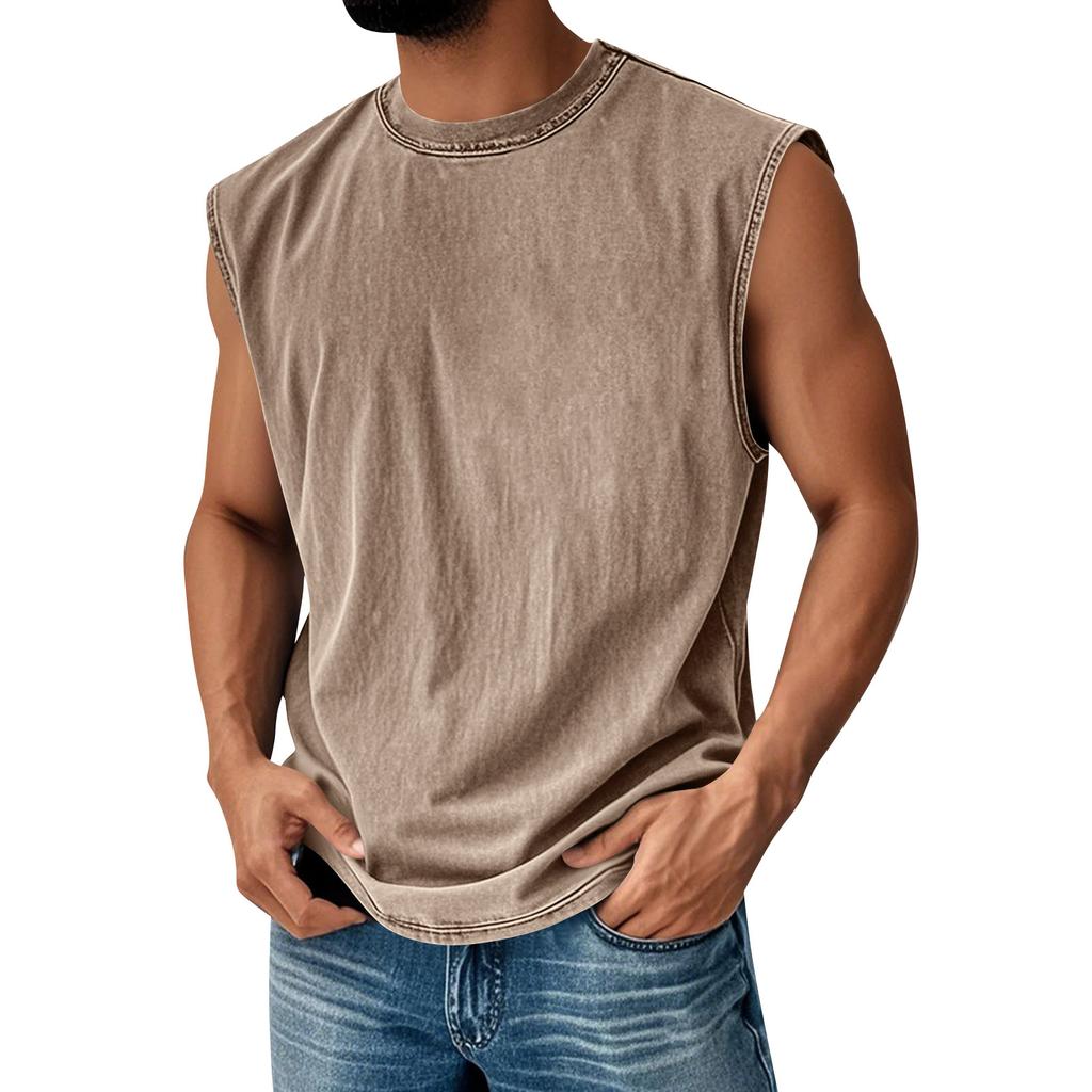 Men’s Crew Neck Sleeveless Vintage Style Top Relaxed Fit Casual Comfort Tank Distressed Look Soft Fabric Durable Stitching