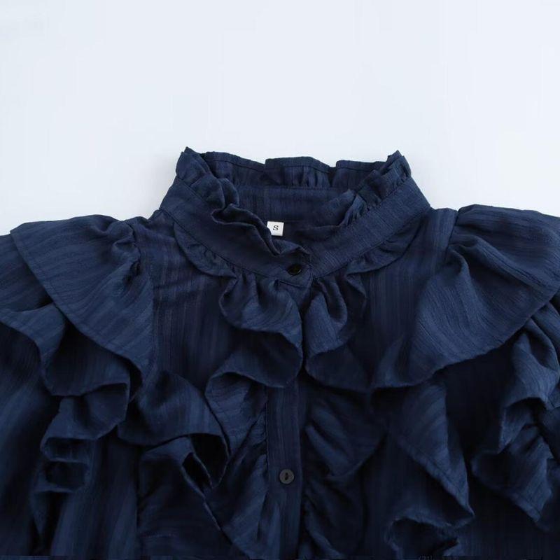 Kaslead New Arrival Women's Clothing Fashion Style Fashion Minimalist Texture Ruffles Bell Sleeve Shirt