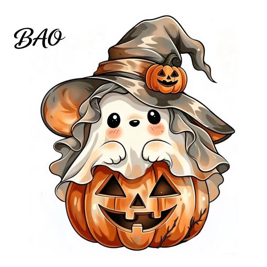 Seasonal Shelf Display Halloween Wooden Ghost Ornament with Pumpkin Pattern, Double Sided Desktop Decoration, Spooky Tiered Tray Decor Decor,