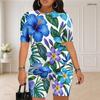 Women Plus Size Round Neck Short Sleeve White Lemon Printed Two Piece Shorts Set