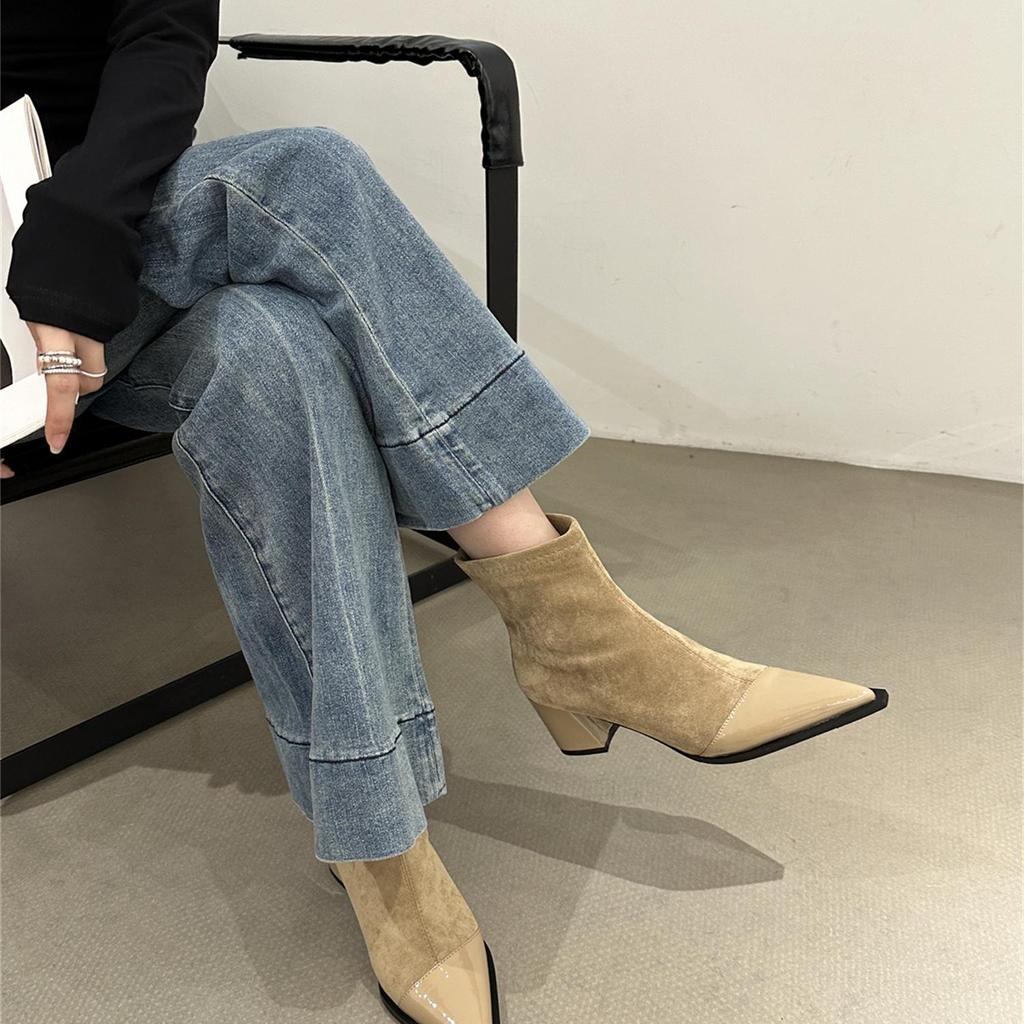 European and American Pointed High-heeled Short Boots 2025 New Autumn and Winter Niche Design Splicing Thin Boots Temperament Thick Heel Fashion Boots