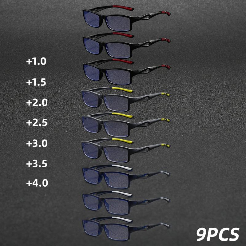 9pcs Fashion Reading Glasses Men's Women's Anti-blue Light Sports Square Reading Glasses Ultra Light and Comfortable Glasses