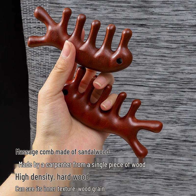 Scalp Meridian Sandalwood Massage Comb – Five-Tooth Gua Sha for Hair Growth and Follicle Unclogging