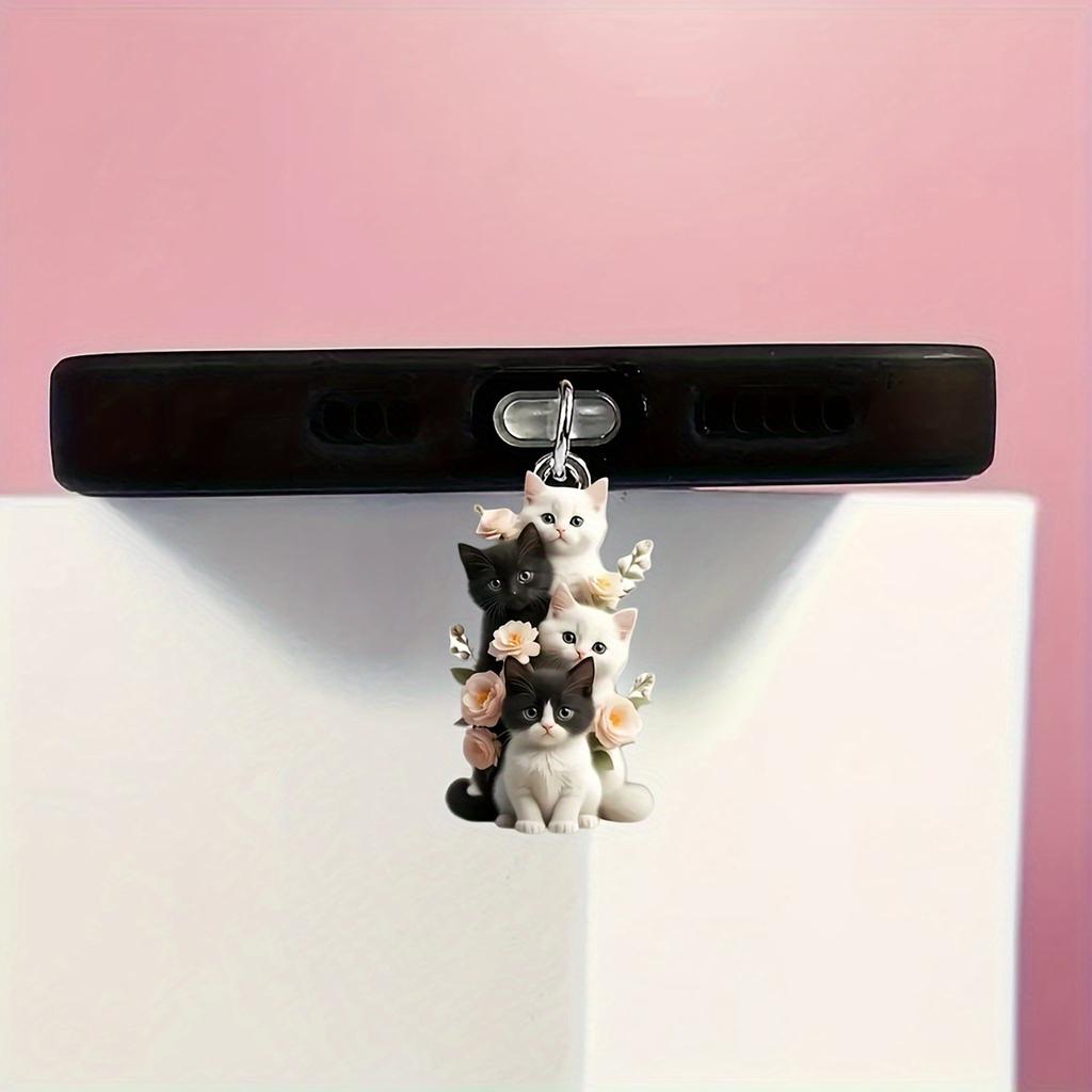 2D Acrylic Four Little Kittens Flower Phone Dust Plug, Bright Colors That Last, Dust-Proof and Durable, Suitable for Holiday Gifts