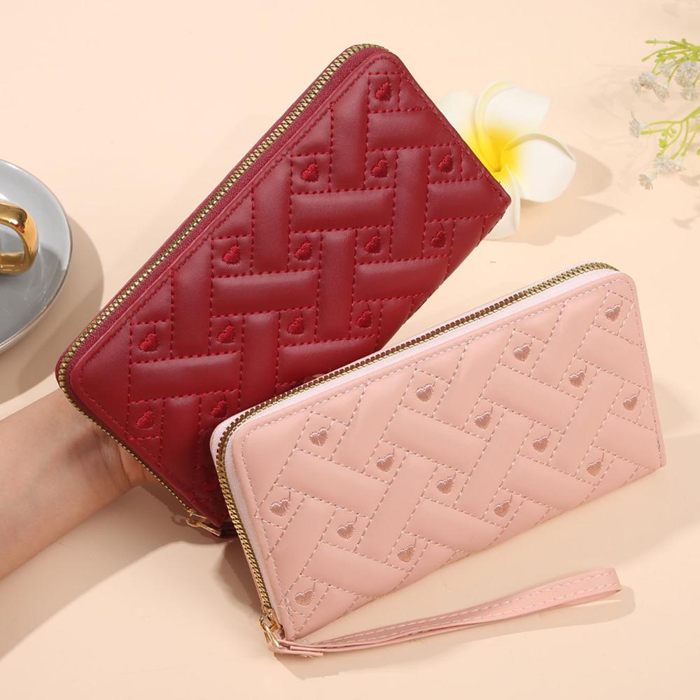 Women's Pu Leather Wallets Credit Card Holder Long Zipper Clutch Female Coin Purses Heart Embroidery Money Bag Wristlet Handbag