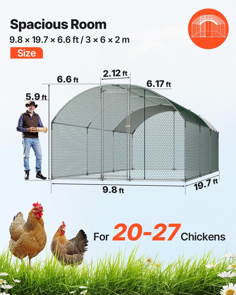 VEVOR Large Metal Chicken Coop, 3 X 6 X 2 M, Walk-in Chicken Runs with Waterproof Cover, Dome Roof Hen House Enclosure with Lock