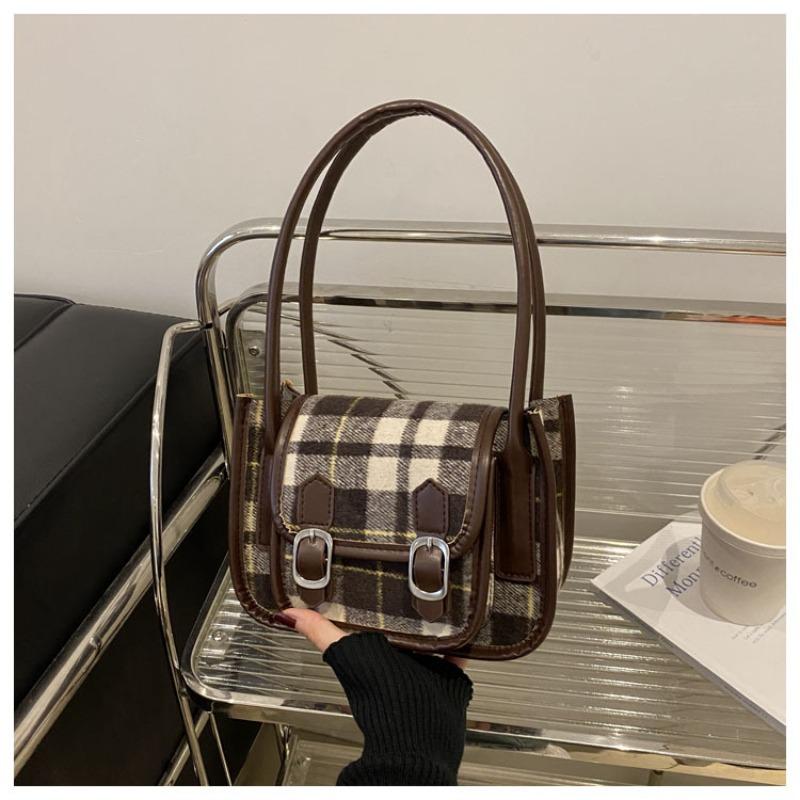 

Осенняя шерстяная клетчатая сумка женская новая модная сумка под мышкой ретро нишевая одноплечевая портативная маленькая квадратная сумка темно-коричневого