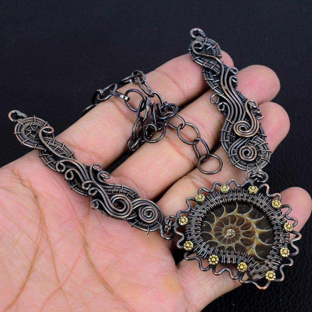 Ammonite Fossil 999 Copper Wire Wrapped Necklace with Adjustable Chain, Handmade Gemstone Jewelry Necklace For Memorial Day