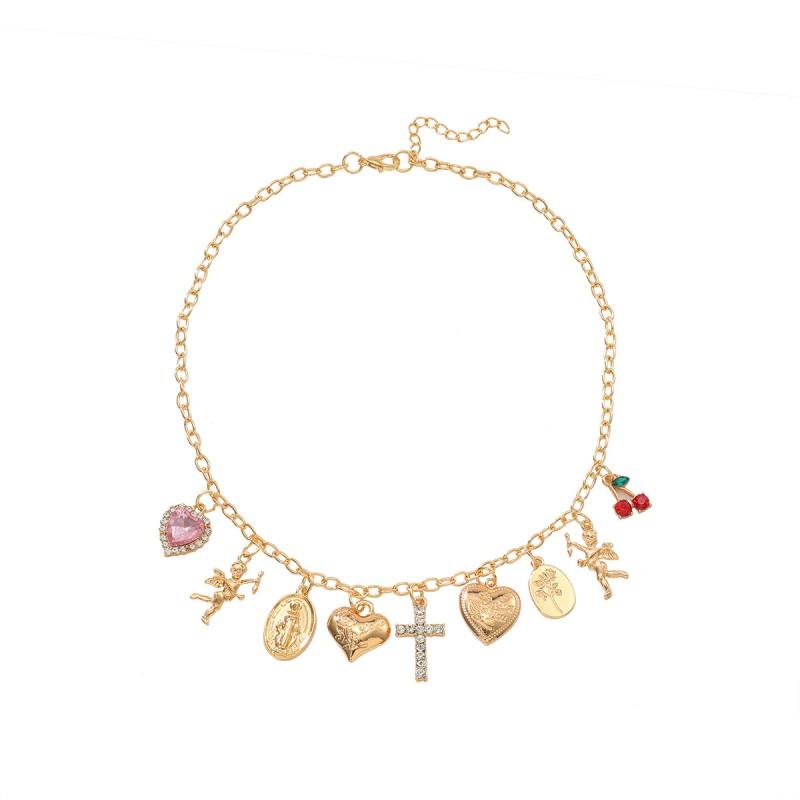 Boho Chic Alloy Pendant Necklace With Rhinestone Cross Heart Charms Layered Chain Women Cross