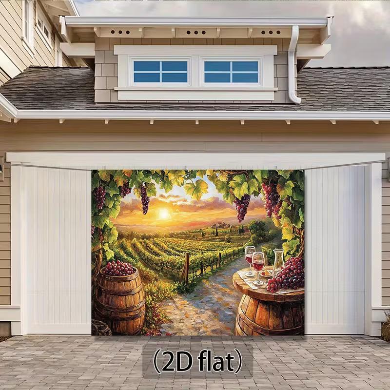 Sonnenuntergang Weinberge Ölgemälde Wandteppich, Weinfass & Trauben Wandbehang
