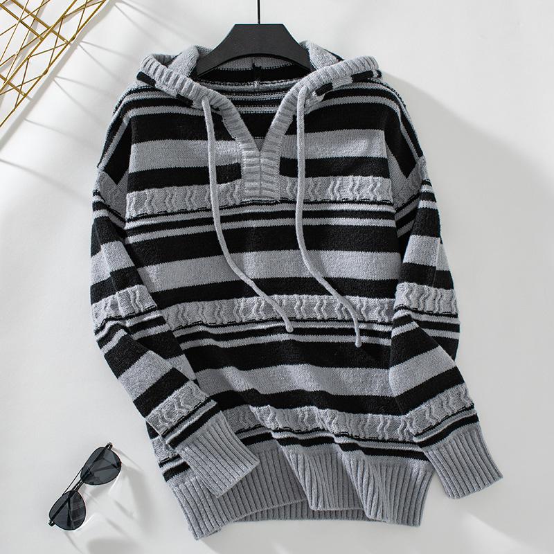 Vintage Hooded V-Neck Loose Pullover Knitwear Top Stripe Long for Autumn Winter Sweater S серый 2790₽