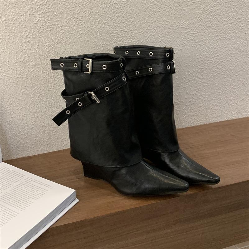 2025 autumn and winter pointed toe heel medium boots women's autumn and winter belt buckle straight pants tube boots cool handsome punk style knight