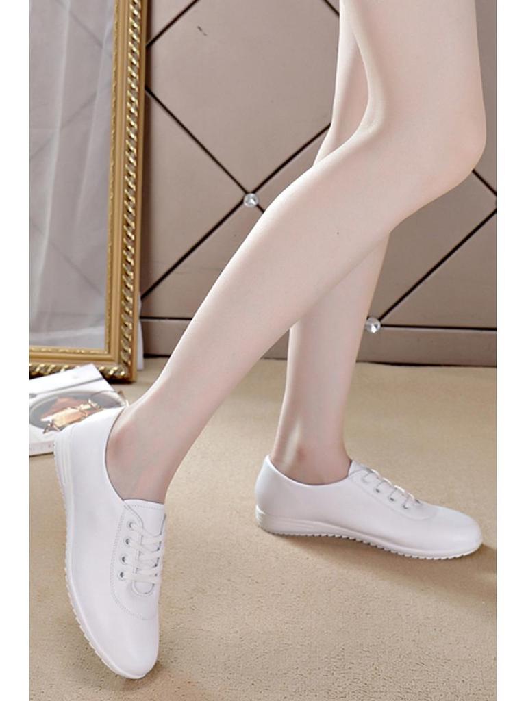 White Women's Genuine Leather Sneakers - Soft Sole, Casual Flat Shoes for Spring 2025