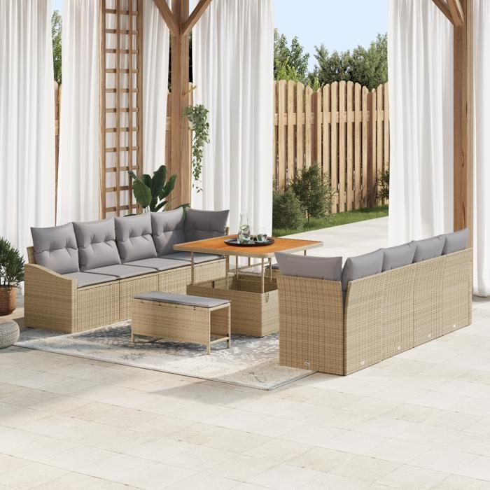 Ensemble de canapé de jardin 11 pièces avec coussins Beige Rotin synthétique Acacia, Canapé 2 places avec rangement 3364587