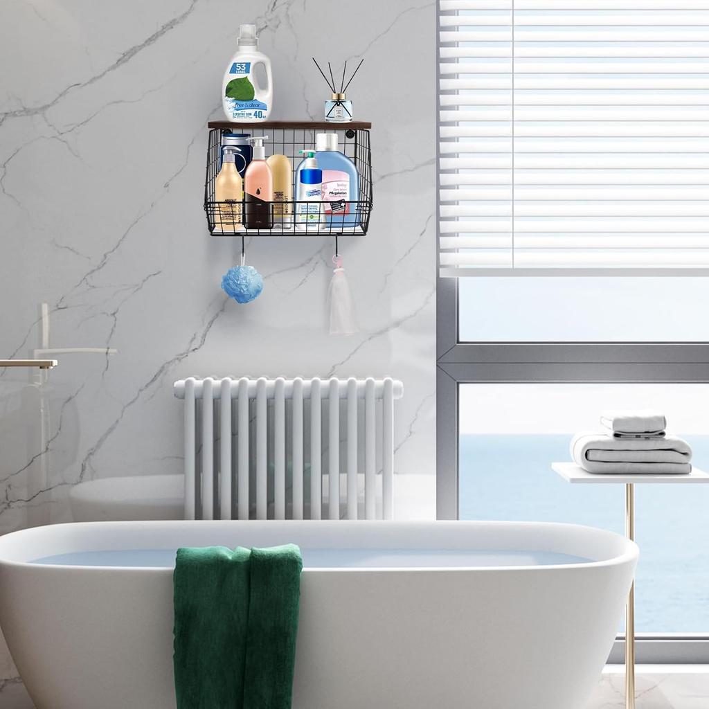 Fruit Basket, 2 Tier Fruit Basket, 2pcs Kitchen Organizer Basket with Wooden Lid Stackable and Wall Mountable Basket for Snacks and Vegetables Storage