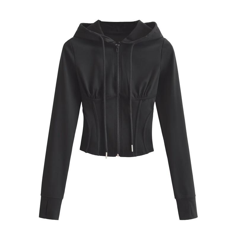 Womens Fitted Hooded Zip-Up Sweatshirt With Ribbed Detail Warm Winter Sportswear